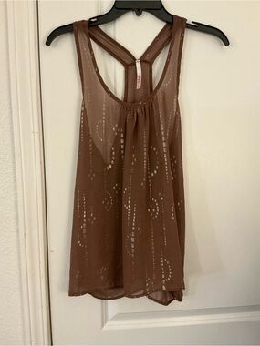 m.s.c. Brown Sheer Metallic Geometric Pattern Racerback Tank Top Women's Size L